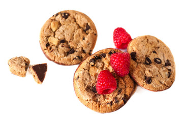 Chocolate chip cookies macro  isolated on white background. Cookies with chocolate chunks..