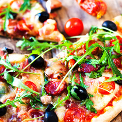 Hot Fresh baked pepperoni pizza close up, shallow depth of field
