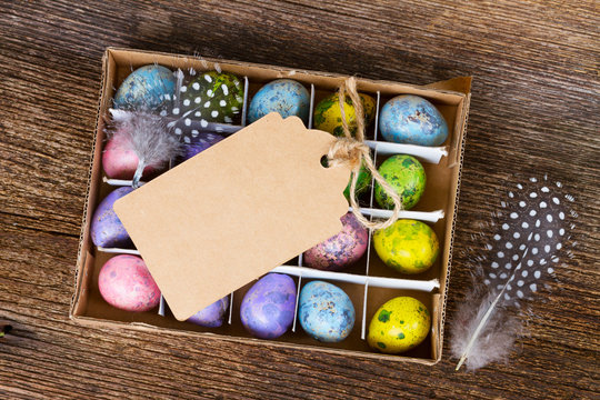 Colored quail eggs with feather on wood, copy space on paper note