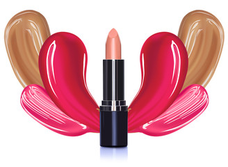 Lipstick realistic make up concept with smears on white background.