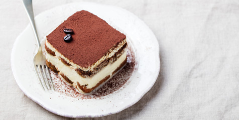Tiramisu, traditional Italian dessert on a white plate. Copy space.