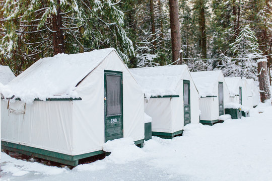 Tents covered by snow during winter