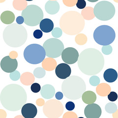 Seamless abstract pattern of association of groups of colored circles on a white background.