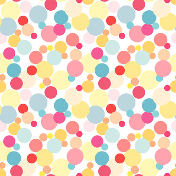 Seamless abstract pattern of association circles in yellow, pink, red, blue colors on a white background