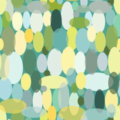 Seamless abstract pattern with multi-colored ovals, sea pebbles on a turquoise background.