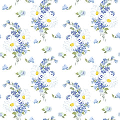 Seamless pattern with a bouquet of daisies and blue meadow flowers