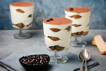 Tiramisu, traditional Italian dessert in glass on a grey stone background