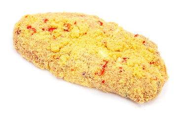 Pork meat slice in spicy bread crumbs on white