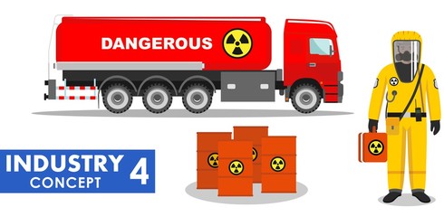 Industry concept. Detailed illustration of cistern truck carrying chemical, radioactive, toxic, hazardous substances and worker in protective suit on white background in flat style. Vector