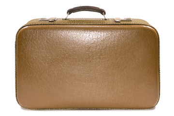 Isolated old suitcases of brown leather with a leather handle on a white background