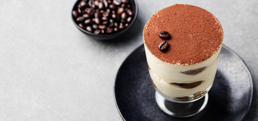 Tiramisu, traditional Italian dessert in glass on a grey stone background. Copy space