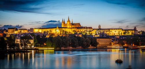 Saint Vitus Cathedral and Vltava river in evening lights, Prague, Czech Republic