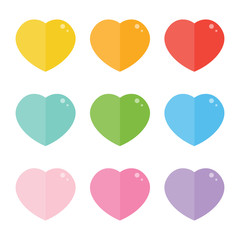 Set, collection of cute and colorful flat design heart icons isolated on white background.