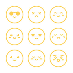 Set, collection of yellow outlined smiles, emoji isolated on white background.