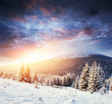 Mysterious winter landscape majestic mountains in .