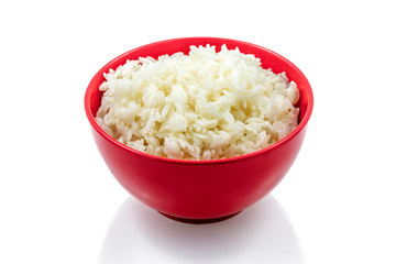 Garnish, rice boiled, red plate, white background