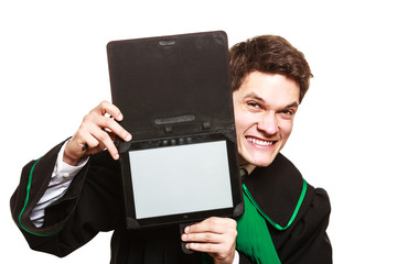 Male lawyer hold tablet computer in open case.