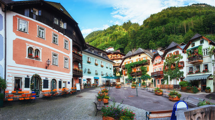 Scenic view. The historic area of the city Hallstatt with tradit