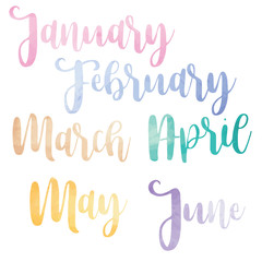 Water color brush handwritten hand lettering names of months