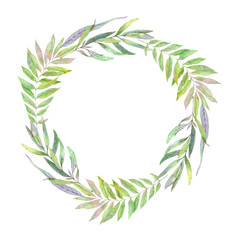 Hand drawn watercolor illustration. Wreath with Spring leaves. Floral design elements. Perfect for invitations, greeting cards, blogs, posters and more