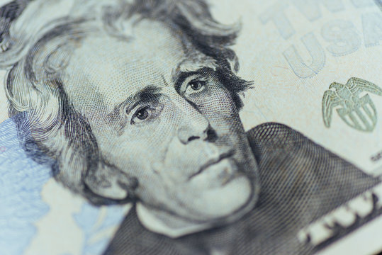 US President Jackson face on  twenty or 20 dollars bill
