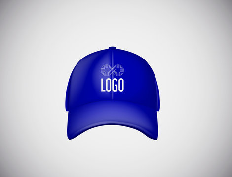 Realistic front view blue baseball cap with text logo for advertising isolated on white background vector illustration.