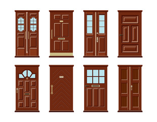 Vector set of brown wooden door icons isolated on white background