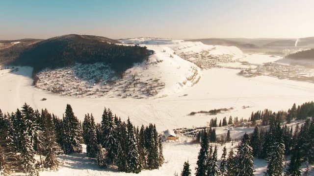 Aerial view of Minyar city in Chelyabinsk region at winter