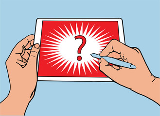 The left hand holds the tablet. The right hand draws on the tablet screen question sign, vector