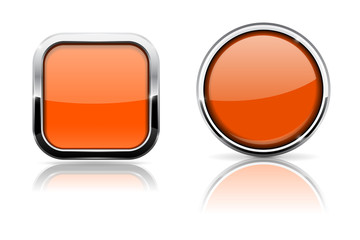 Orange buttons. Shiny glass square and round buttons with chrome frame