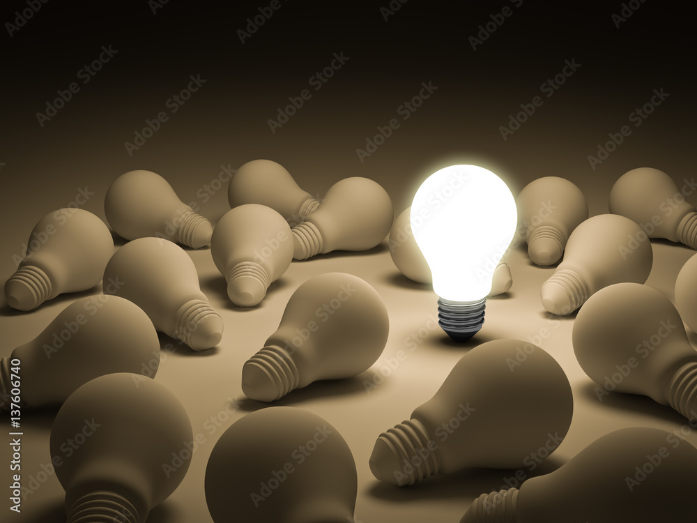 Fototapete one glowing light bulb standing out from the unlit incandescent lightbulbs on white background indiv