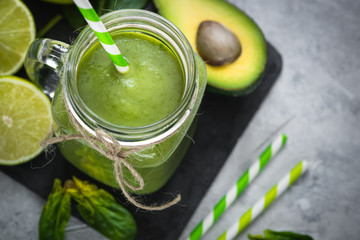 Healthy green smoothie in mason jar