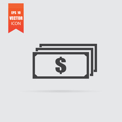 Money icon in flat style isolated on grey background.