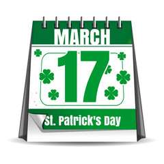 Calendar with festive date. 17 March. St. Patrick's Day celebration. Holiday date in the calendar. Desktop calendar isolated on white background. Vector illustration