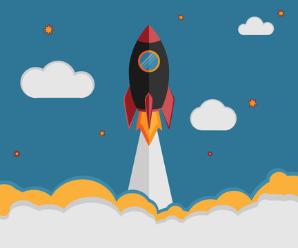 Illustration of a rocket ship in flat vector style. Space travel, business launch symbol or a new project development. Creative idea and management concept.