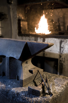 Anvil, tools and a forge in blacksmith shop, Landshut, Bavaria, Germany