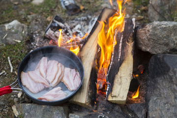 Fresh Meat Being Cooked Over Campfire