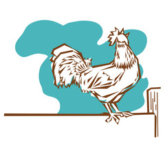 B&W Rooster sitting on a fence crowing.
