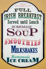 Full Irish Breakfast sign including Soup, Smoothies, Milkshakes anf homemade Ice Cream