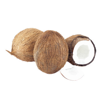 Whole and a half of coconuts isolated on white