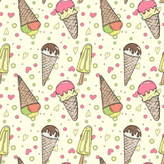 Hand-drawn cartoon ice cream doodles seamless pattern. Colorful detailed, with ldots and hearts vector background