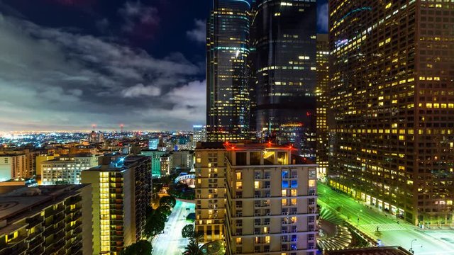 Timelapse of Clouds over City Lights in Downtown Los Angeles -Zoom In-