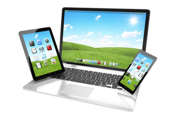 Laptop mobile phone and tablet connected to each other 3D rendering