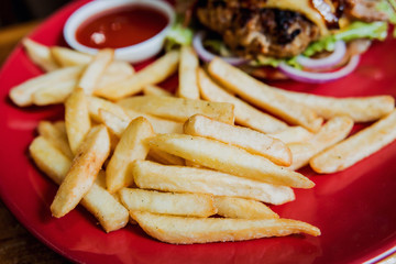 Chips and sauce on a plate. Restaurant