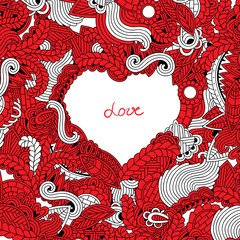 Decorative love frame with heart, flowers, ornate elements in doodle style. Floral, ornate, decorativedesign elements