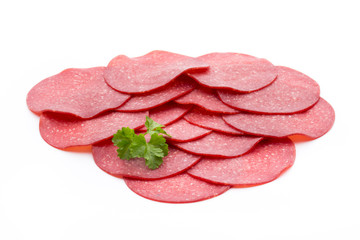 Salami smoked sausage one slice isolated on white background cutout.