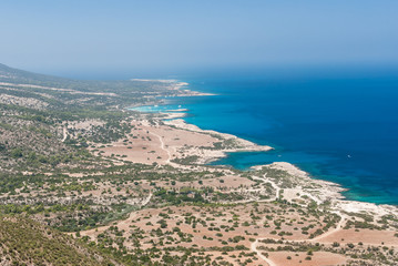 Fototapeta premium Panoramic sea view and Latchi village from the top of a mountain. Cyprus sea view landscape.