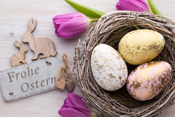 Easter and spring decoration, flowers and eggs.
