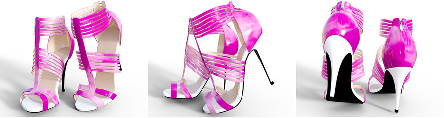 Set beautiful female sandals high heels. Conceptual fashion art. 3D render illustration.