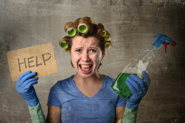 maid cleaning woman in hair rollers with washing spray bottle asking for help